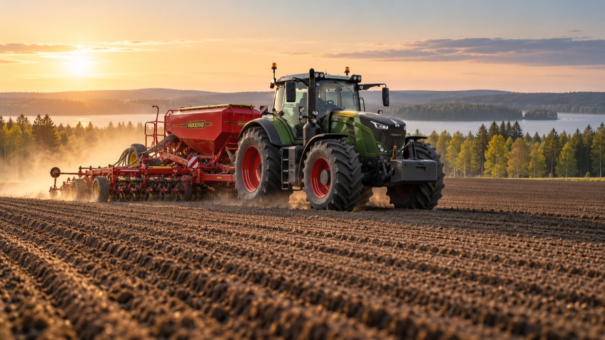 Tractor pulling a red Väderstad seed drill across a field at sunrise